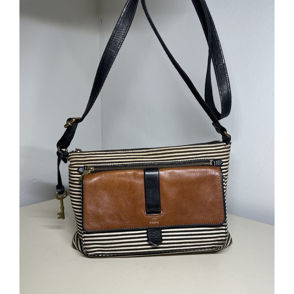 Fossil Classic Striped Corduroy Leather  Shoulder Crossbody Purse Bag Vintage